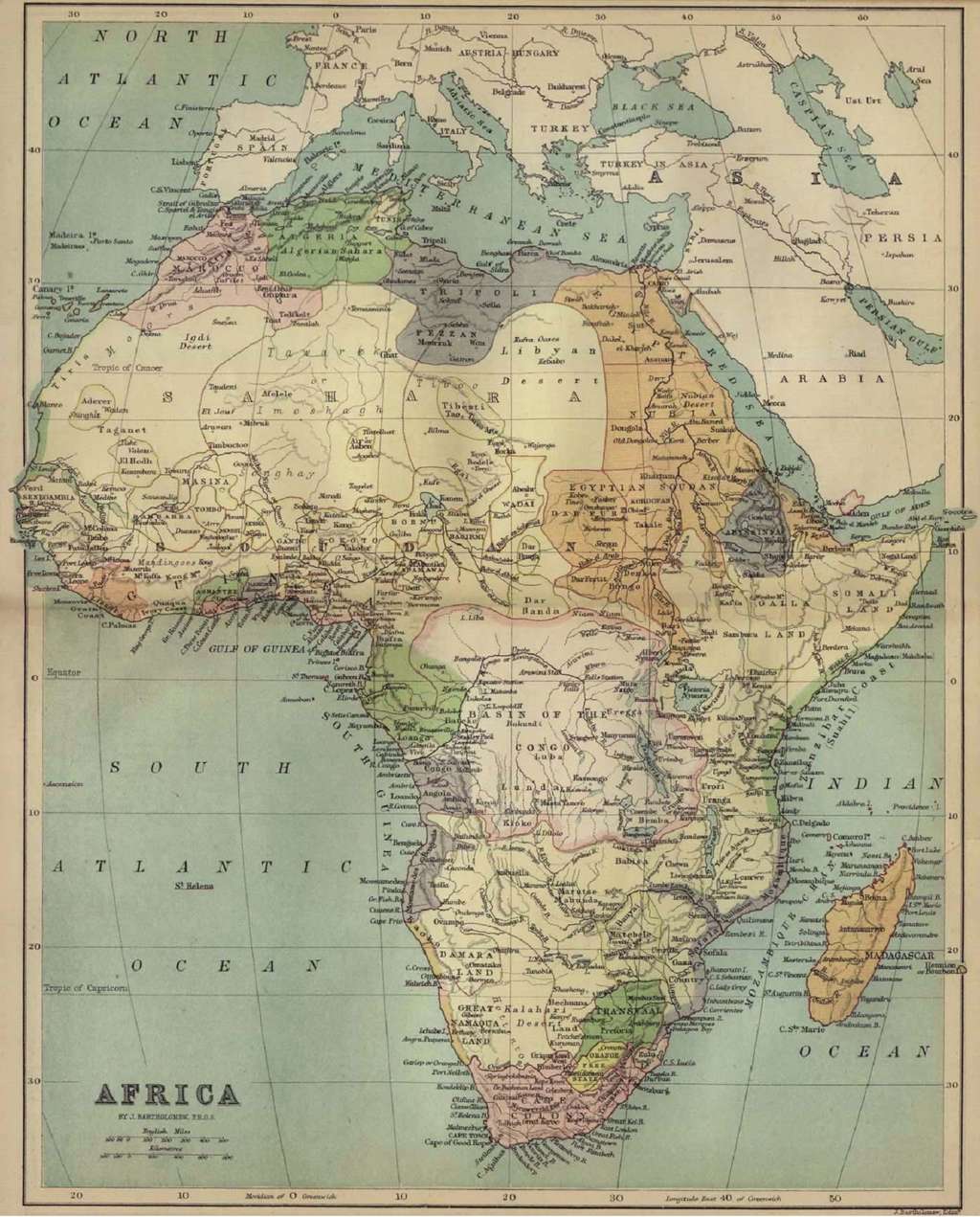Carte de l'Afrique en 1884 par J. Bartholomew. © Wikimedia Commons, domaine public.