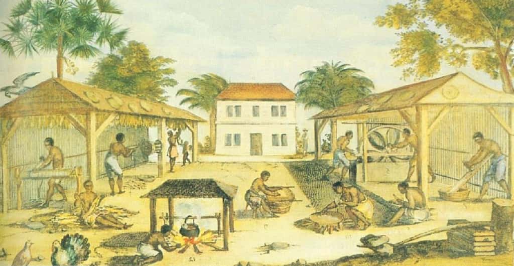 Esclaves travaillant dans une plantation de tabac en Virginie, tableau anonyme vers 1680. © Wikimedia Commons, domaine public.