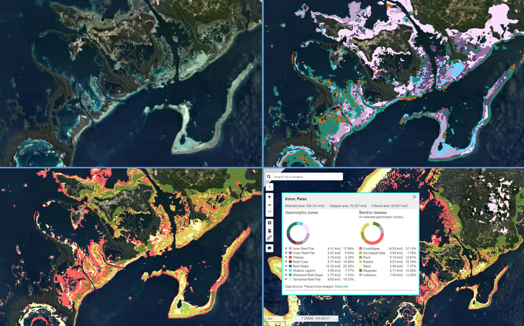 Cartes satellites, géomorphiques et benthiques du récif corallien de Koror dans la République de Palau. © Planet, Allen Coral Atlas