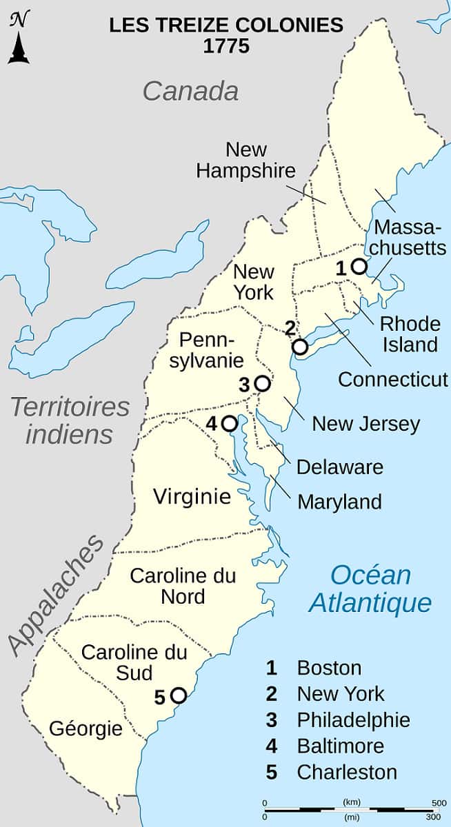 Les treize colonies britanniques d'Amérique du Nord vers 1775. © Wikimedia Commons, domaine public