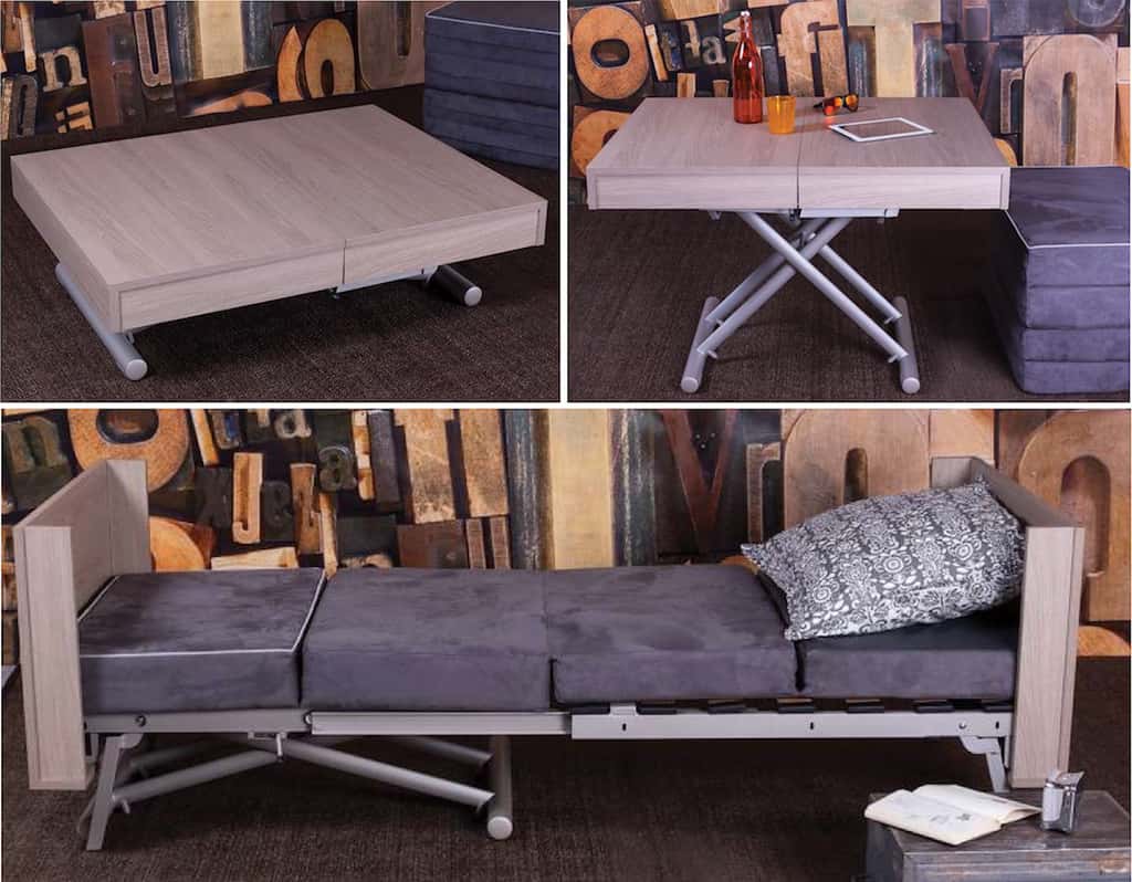 D’un geste, ce meuble de fabrication italienne se fait table basse ou table à manger. Il peut aussi se convertir en lit une place. Il suffit de déplier le pouf assorti pour disposer d’un matelas confortable. © 4-Pieds, modèle « Tavoletto »