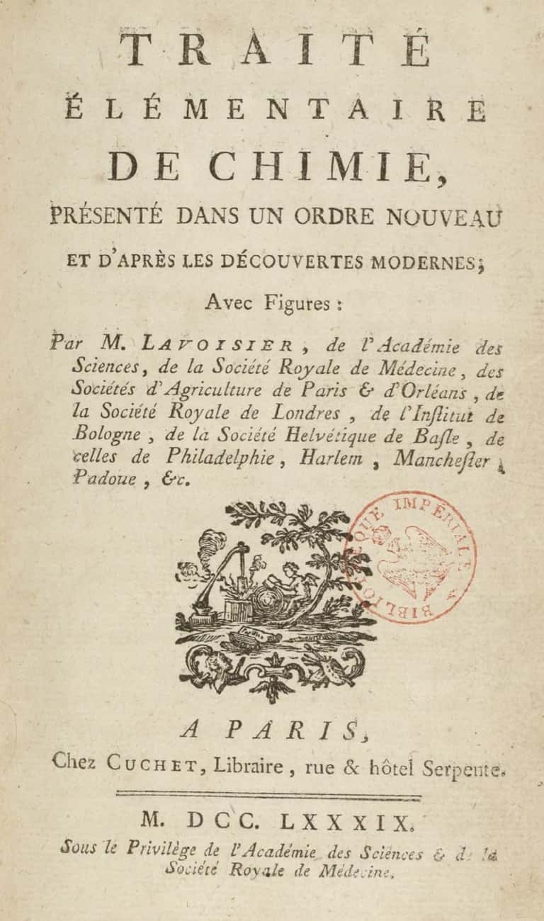 Page de présentation du<em> Traité élémentaire de chimie</em> paru en 1789. BnF. © gallica.bnf.fr/BnF
