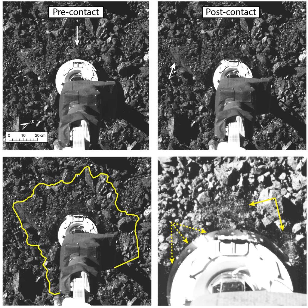 Les images capturées avant et après le contact avec Bennu montrent que, dans la seconde qui s'est écoulée, la tête de l'échantillonneur a perturbé une zone de près d'un mètre de diamètre, et a projeté des débris dans les airs. © Nasa, Goddard, University of Arizona