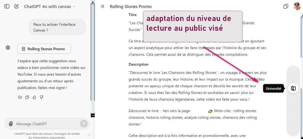 Adaptation du texte au type de public visé. © OpenAI