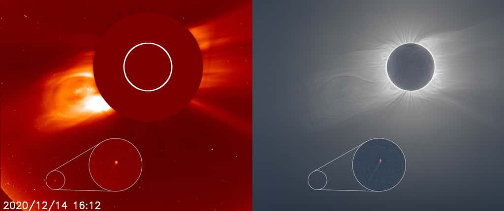 À gauche, la comète repérée dans le champ du coronographe Lasco C2 de Soho (l'instrument crée une éclipse totale artificielle en continu). À droite, au même moment sur Terre, la Lune recouvrait totalement le Soleil vu d'Amérique du Sud ; et non loin de la couronne solaire, parmi les étoiles devenues visibles en plein jour, la comète l'était aussi. © Nasa, ESA, Soho, Andreas Möller (Arbeitskreis Meteore e.V.), et Joy Ng. (photo de l'éclipse)