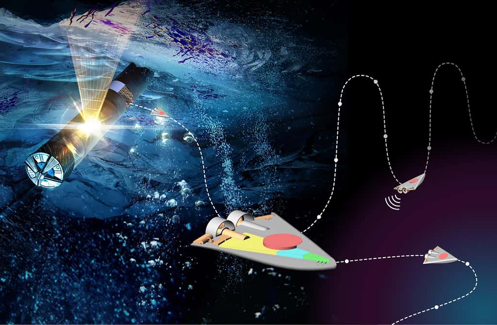 Une vue d'artiste du concept de <em>Sensing With Independent Micro-Swimmers</em> pour explorer l'océan d'Europe. © Nasa/JPL-Caltech