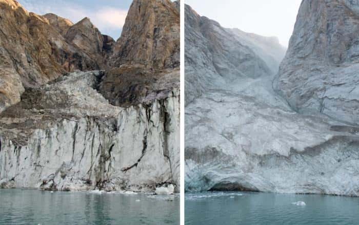 De gauche à droite : photos avant (août 2023) et après (septembre 2023) du sommet de la montagne et du glacier, prises depuis le fjord. © Søren Rysgaard, Armée danoise