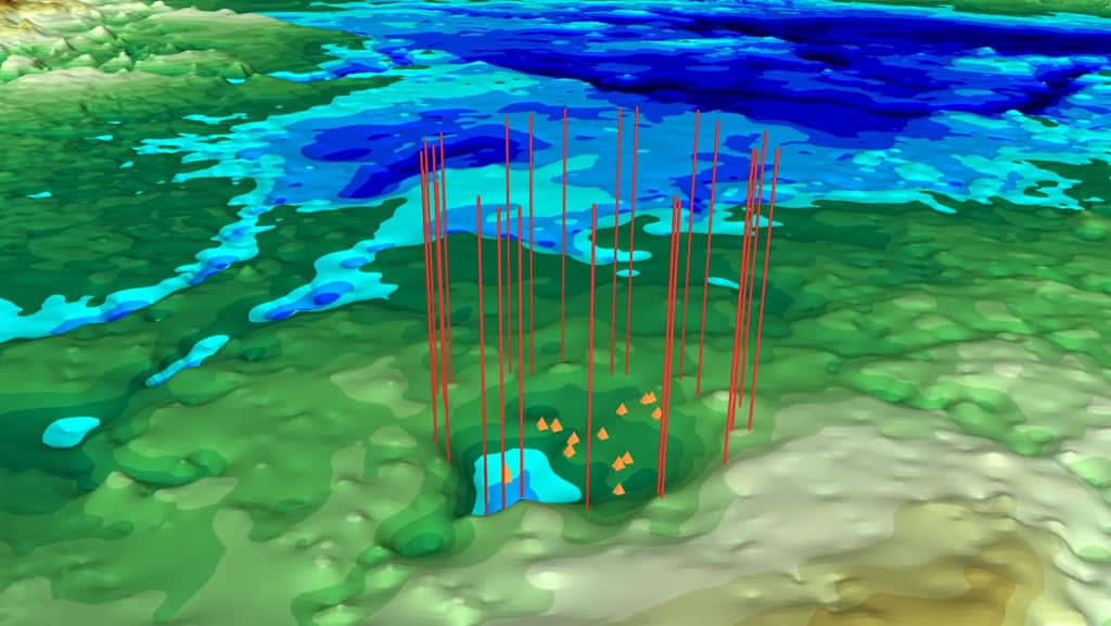 Un deuxième cratère d'impact subglaciaire, large de 36,5 kilomètres, a été découvert au Groenland. © <em>Nasa's Goddard Space Flight Center,</em> Jefferson Beck