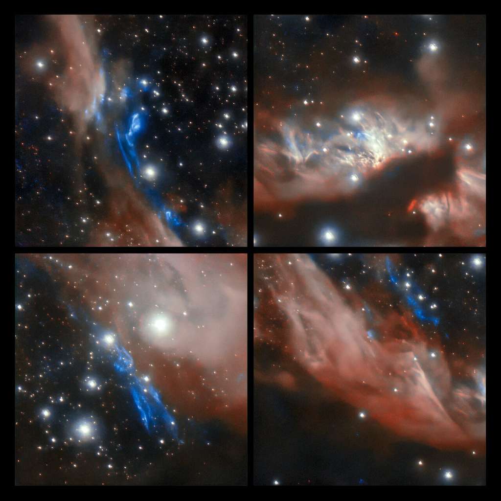 Ce panneau de 4 images montre des extraits de certaines des caractéristiques du jet stellaire MHO 2147. Le panneau supérieur droit montre le centre du jet où les zones rose pâle sont des nébuleuses susceptibles de contenir de jeunes étoiles massives, entourées de disques d'accrétion, qui éjectent de la matière pour créer une cavité. Dans les autres panneaux, les zones bleues sont des nuages diffus d'hydrogène moléculaire excités par la collision entre la matière environnante et la matière éjectée par les étoiles individuelles. © International Gemini Observatory, NOIRLab, NSF, AURA