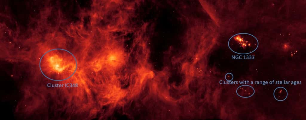 L'amas IC348 (à gauche) et l'amas NGC1333 (à droite) dans la direction du nuage moléculaire de Persée. © Nasa, JPL-Caltech
