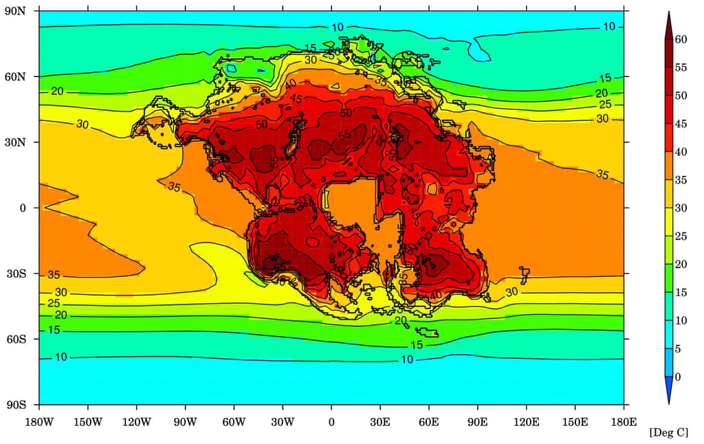 L'image montre la température moyenne (degrés Celsius) mensuelle la plus élevée pour la Terre et le supercontinent projeté <em>(Pangea Ultima)</em> dans 250 millions d'années, alors qu'il serait difficile pour presque tous les mammifères de survivre. © Université de Bristol 