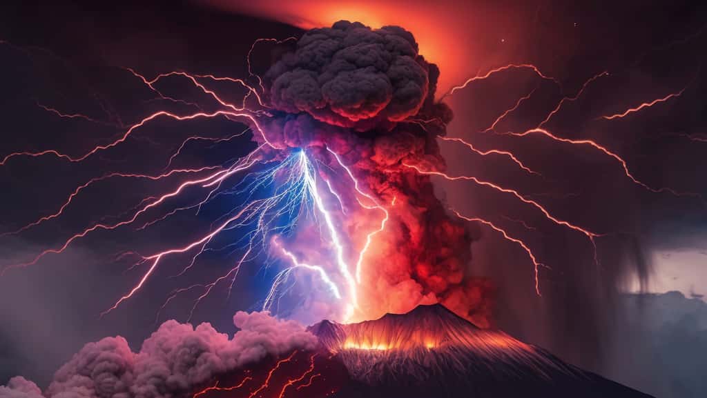 Les éclairs qui se déclenchent dans les panaches volcaniques auraient pu être une source importante de nitrates, aidant à subvenir aux besoins des premiers organismes terrestres. © Robert, Adobe Stock