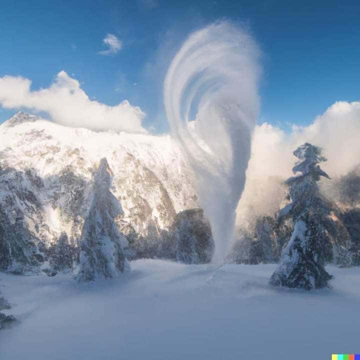 La fausse tornade de neige, à la forme très artistique, générée par un logiciel. © RedClimáticaMundial
