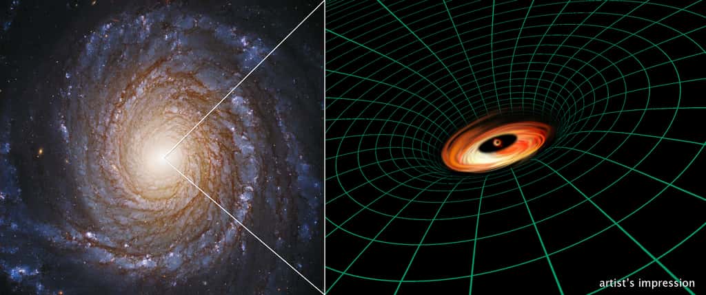 Une photo de la galaxie de Seyfert NGC 3147 prise par Hubble à gauche, avec son noyau central actif et lumineux. À droite, une vue d'artiste du trou noir supermassif de la galaxie et de son disque de rotation dans l'espace-temps.© Hubble Image : Nasa, ESA, S. Bianchi (<em>Università degli Studi Roma Tre University</em>), A. Laor (<em>Technion-Israel Institute of Technology</em>), M. Chiaberge (ESA, STScI, and JHU); illustration: Nasa, ESA, A. Feild and L. Hustak (STScI).