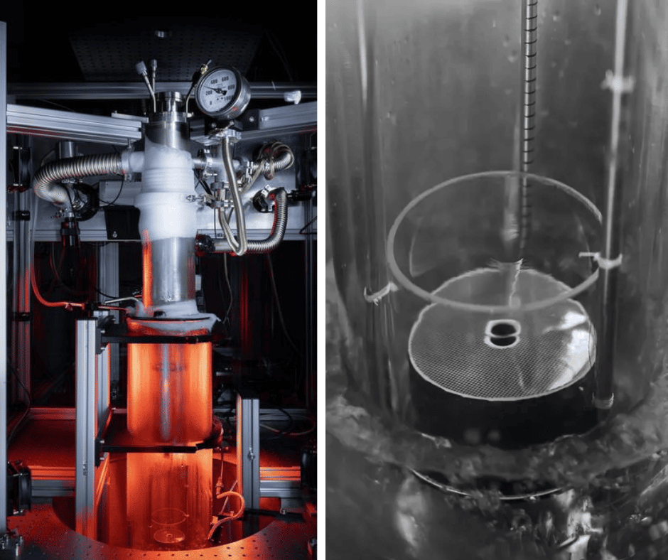 Sur l'image de gauche, on voit le système cryogénique sur mesure construit pour l’expérience sur l’hélium superfluide simulant un trou noir en rotation. Sur l'image de droite, le vortex dans l'hélium simulant l'espace-temps en rotation autour d'un trou noir et ses modifications éventuelles. © Léonard Solidoro