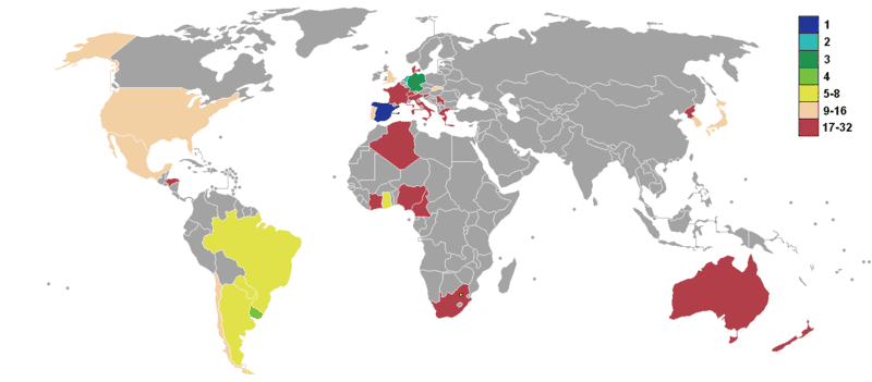 Classement des 32 pays participant à la Coupe du monde 2010. L’Uruguay (en vert clair) est allé en demi-finale alors qu’il a failli ne pas être qualifié. © WikiAnthony, Wikimedia Commons, cc by sa 3.0
