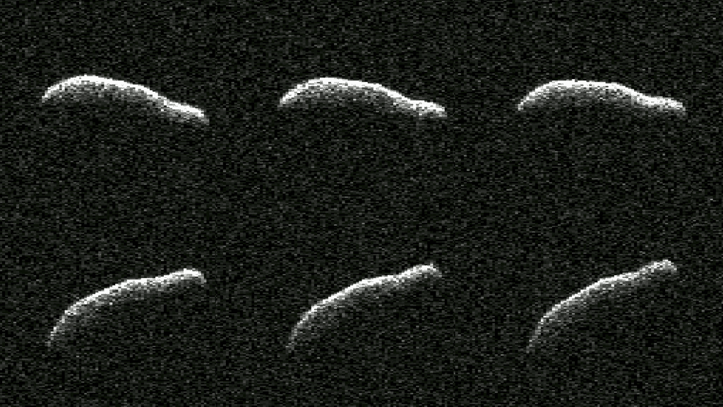 Des observations de l'astéroïde 2011 AG5, effectuées le 4 février. C'est l'un des astéroïdes les plus allongés observés par radar planétaire. © Nasa, JPL-Caltech