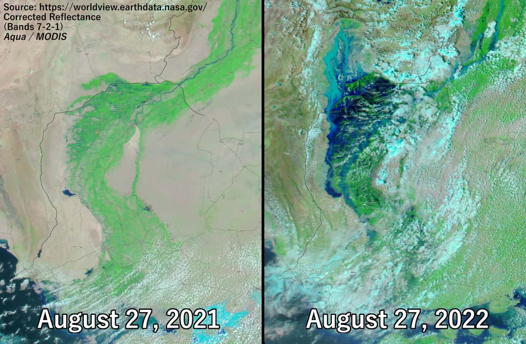 Les inondations au Pakistan de cet été ont créé un nouveau lac provisoire dans la province de Sindh, dans le sud du pays. © Nasa