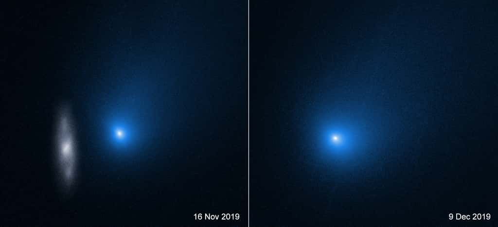 La comète 2I / Borisov, photographiée avec le télescope spatial Hubble de la Nasa, une des photos montrant une galaxie (à gauche), est le deuxième objet interstellaire connu pour être entré dans notre Système solaire après le désormais célèbre 'Oumuamua. Une nouvelle analyse de la coma brillante et riche en gaz de Borisov indique que la comète est beaucoup plus riche en monoxyde de carbone qu'en vapeur d'eau, une caractéristique très différente des comètes de notre Système solaire. © Nasa, ESA et D. Jewitt (UCLA)  