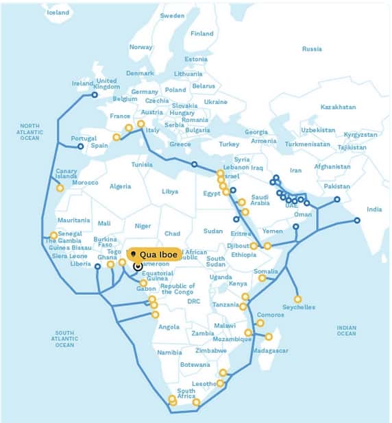 Capture d'écran de la carte présentant l'avancement du projet 2Africa. © 2Africa cable