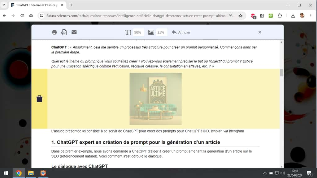 Nous pouvons choisir des parties de la page à supprimer sur la version à imprimer. © Print Friendly