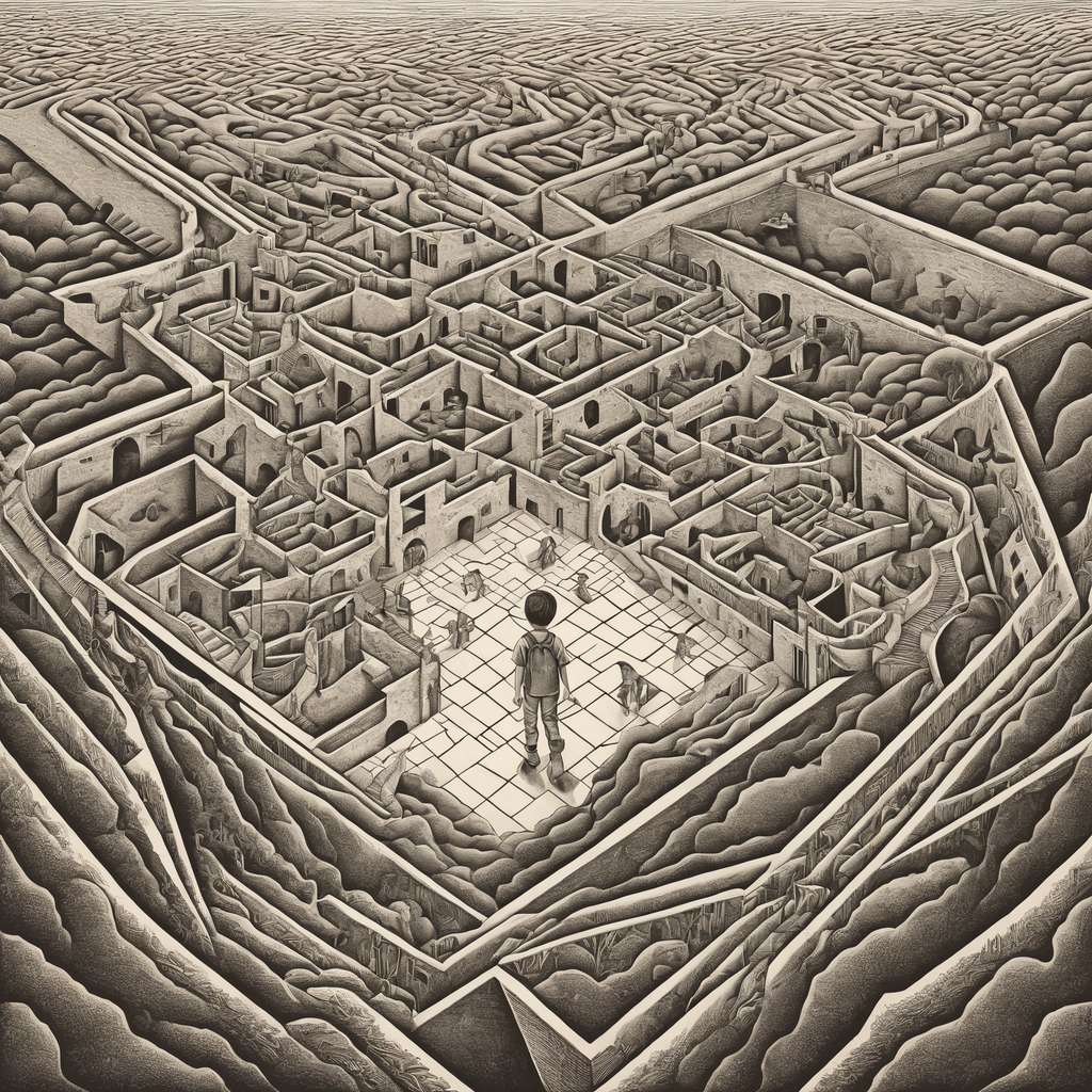 « Un jeune garçon perdu dans un territoire alien – style de M. C. Escher ». © Maze Guru