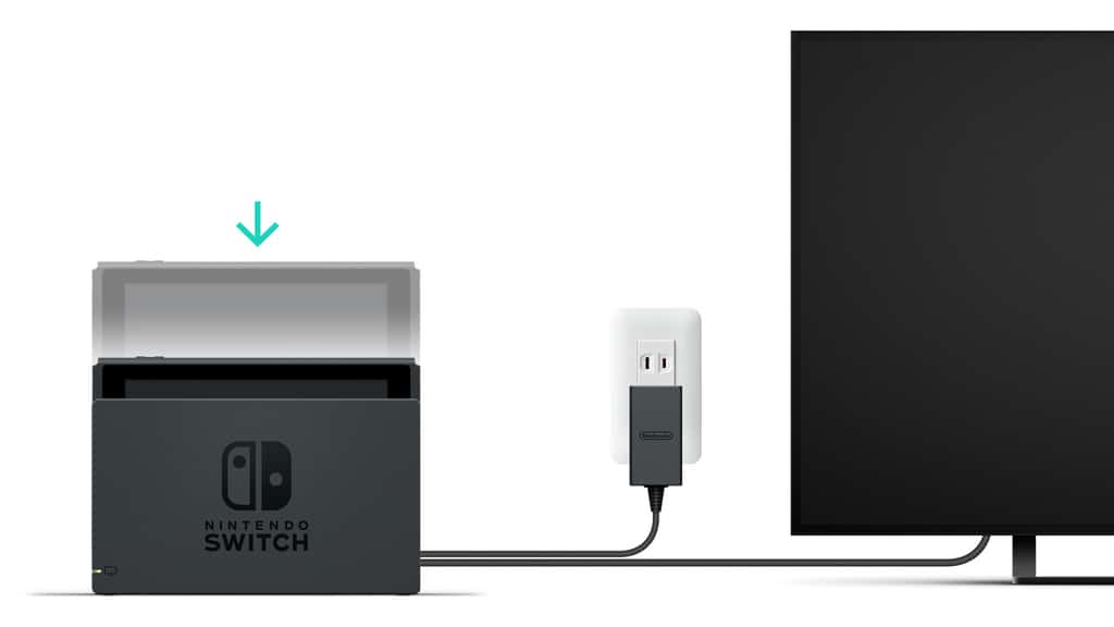 Il suffit à présent d’insérer la Switch dans sa station d’accueil et aussi penser à allumer le téléviseur ! Photo Nintendo <em>via</em> l’agence Laboitecom. © Nintendo