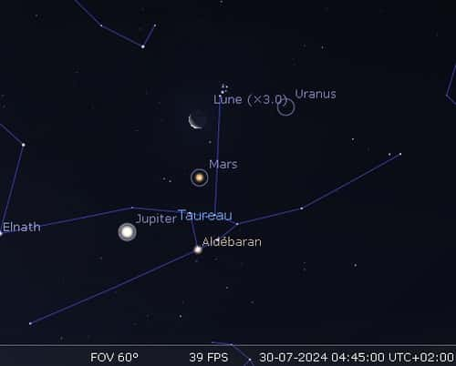 La Lune en rapprochement avec Uranus, les Pléiades, Mars et Aldébaran