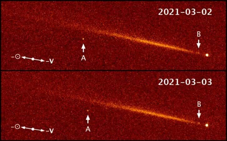 En A et B, deux fragments d'environ 20 m de diamètre chacun ont été observés par la caméra <em>Wide-Field</em> de Hubble, en provenance de la comète 323P/SOHO. © Hui et <em>al.</em>, 2022