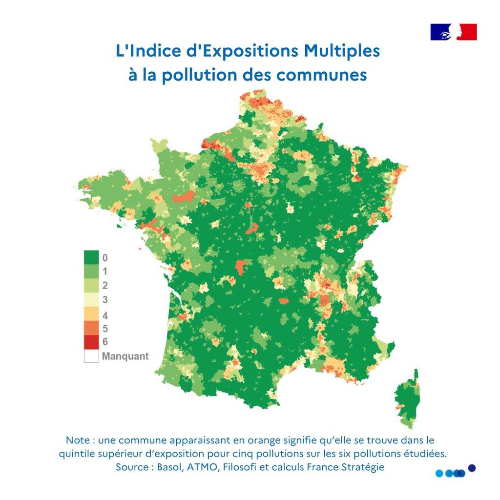 La carte de France du niveau d'exposition aux 6 polluants principaux. © France Stratégie