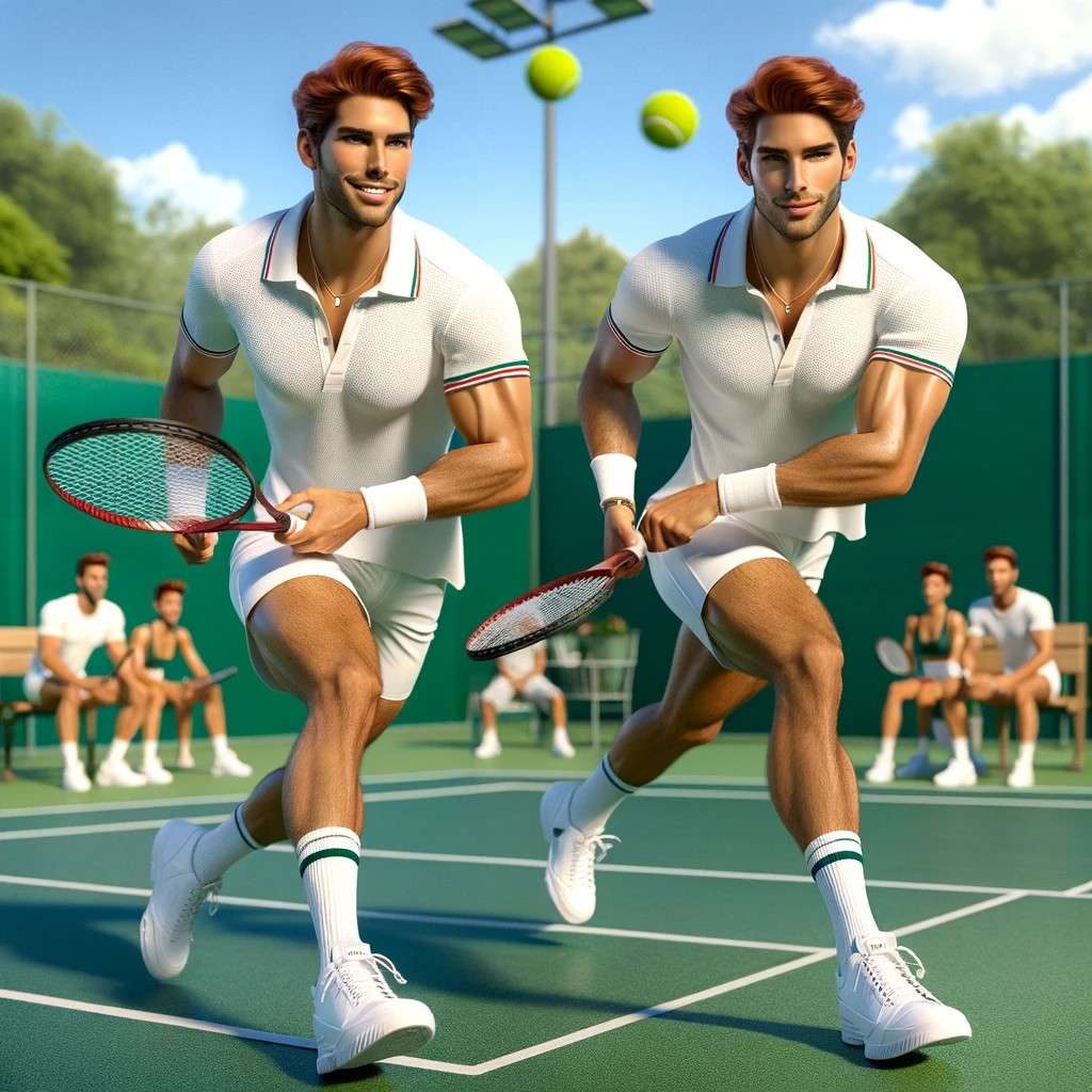 L’image obtenue avec ce prompt : « <em>Peux-tu prendre les deux personnages de l'image avec le seed 3042738907 et les faire jouer au tennis</em> <em>?</em> ». © D. Ichbiah avec Dall.e 3 de OpenAI