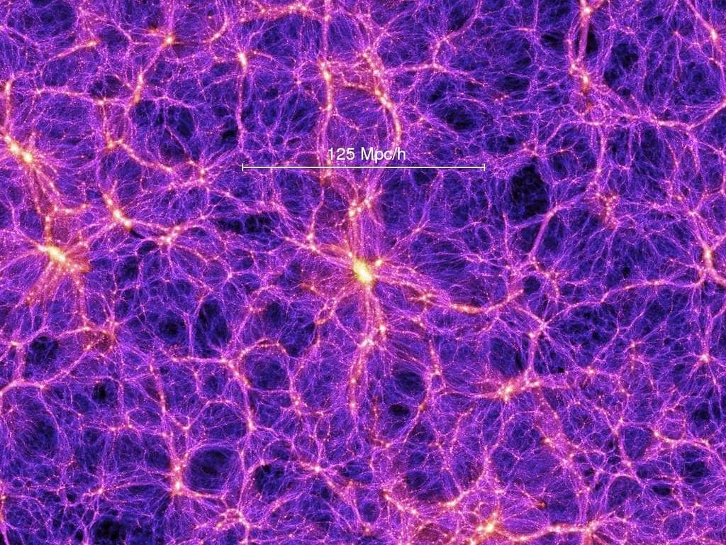 Sur cette image provenant d’une des meilleures simulations de la formation des grandes structures de l’univers, des filaments de matière noire contenant des superamas de galaxies apparaissent clairement. On note aussi la présence de grands vides que l’on appelle parfois des vides cosmiques (<em>cosmic voids</em>). La barre blanche indique l’échelle des distances en mégaparsecs corrigée par le facteur h lié à la constante de Hubble. On estime que h est compris entre 0,65 et 0,70, la meilleure estimation en 2014 étant de 0,68. © <em>Max Planck Institute for Astrophysics, Millennium Simulation Project</em>