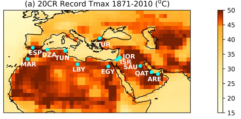 Les 12 pays qui connaîtront régulièrement une température atteignant ou dépassant 50 °C entre 2050 et 2100. © <em>NPJ</em>