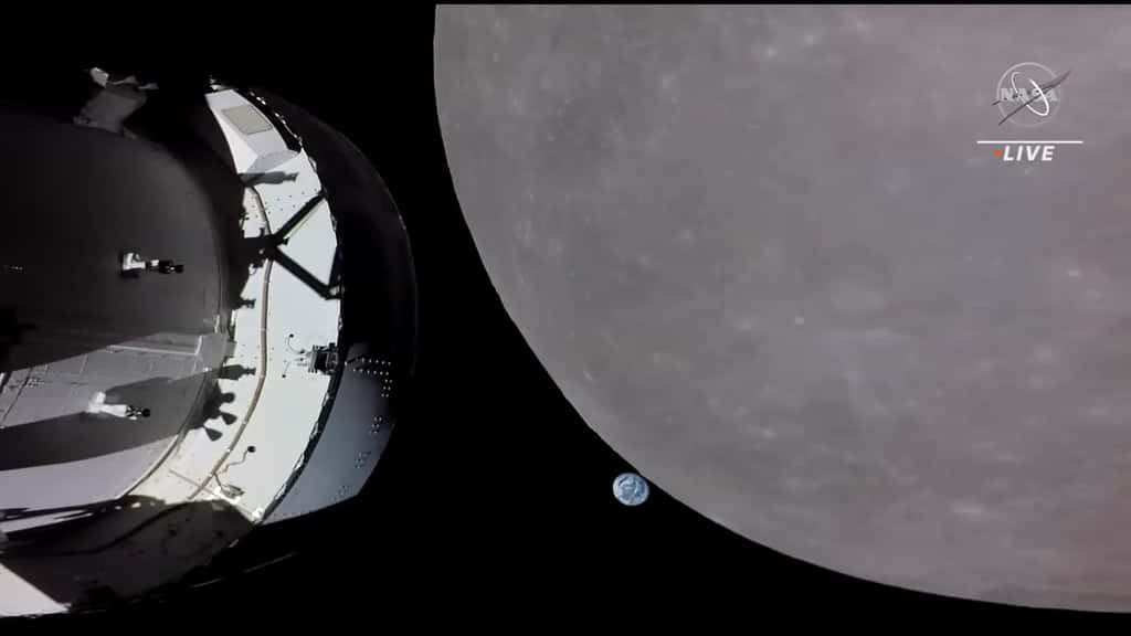 La Terre disparaît derrière la Lune, vu d'Orion. © Nasa