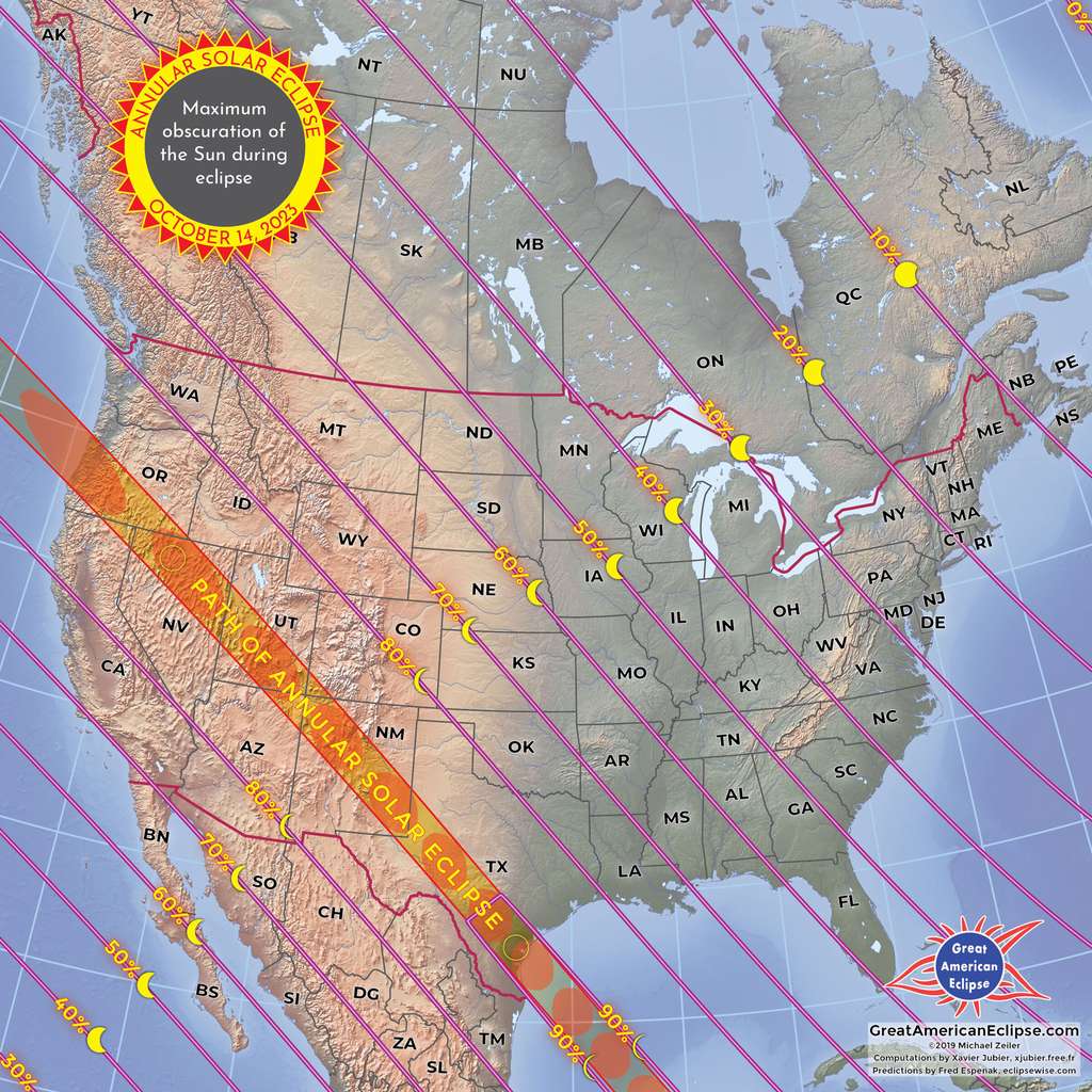 Parcours de l'éclipse annulaire du Soleil en Amérique du nord. © 2021 Great American Eclipse, LLC