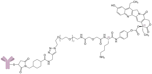 Formule chimique du sacitumuzab govitecan, traitement contre le cancer du sein © Chem Sim 2001, <em>Wikimedia Commons</em>, domaine public