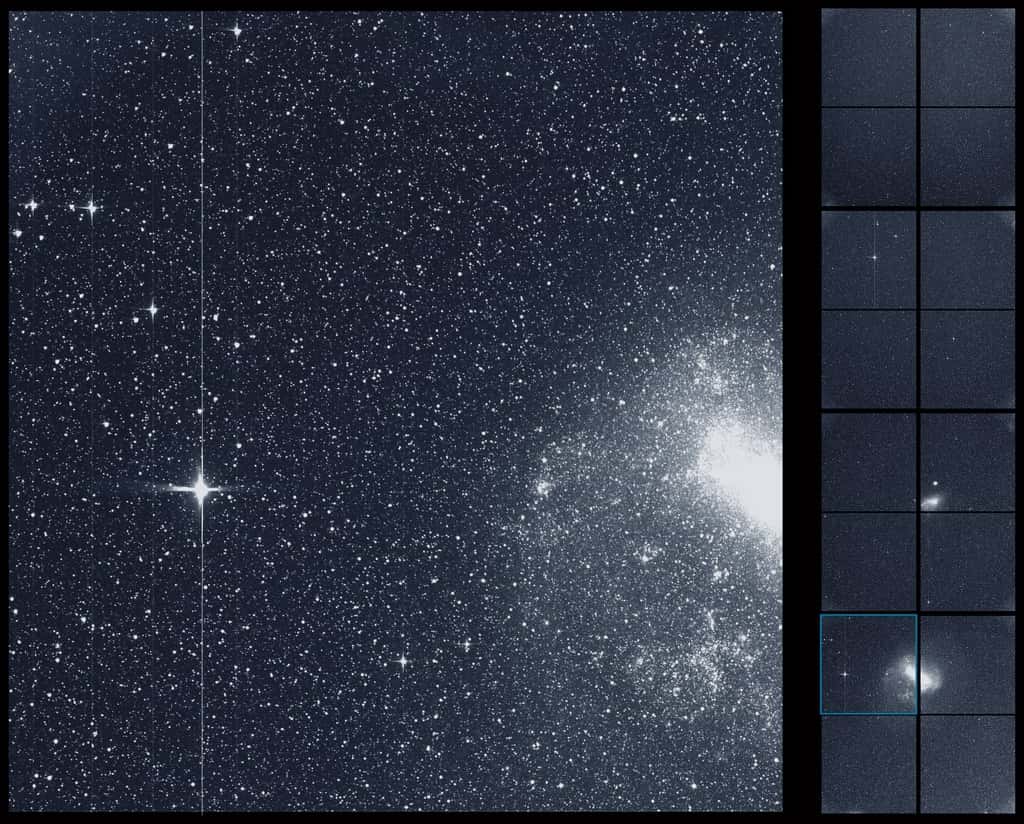 Première lumière du satellite Tess, lancé le 18 avril 2018. Cette image montre les prises de vues de ses quatre caméras grand champ réalisées durant 30 minutes, le 7 août. On reconnaît notamment le Grand et le Petit Nuage de Magellan, deux galaxies naines, satellites de la Voie lactée. Deux étoiles (R Doradus et Beta Gruis) sont si brillantes qu’elles ont surexposé une ligne verticale.  © Nasa, MIT, Tess