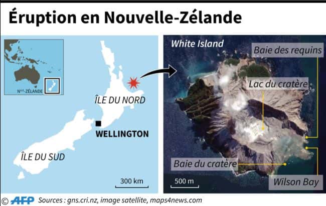 La position de White Island en Nouvelle-Zélande et la géographie de l'île. © AFP