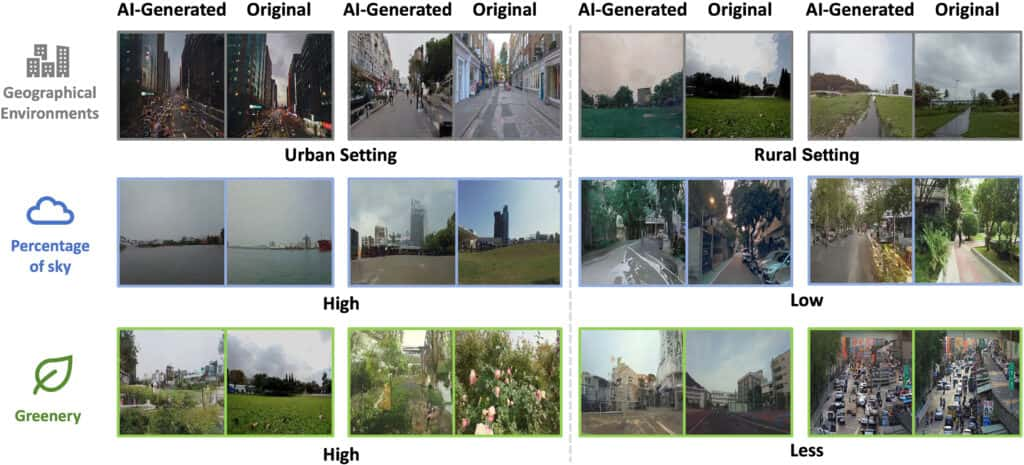 Comparaison de paires d’images liées à des enregistrements audio. À gauche, une image générée à partir de l’enregistrement ; à droite, une photo de la scène enregistrée. © Université du Texas à Austin