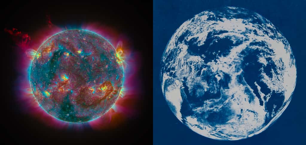 Ces deux images concourent pour le prix Annie Maunder pour l'innovation en matière d'image.<br>L’image de gauche a été réalisée par Sergio Díaz Ruiz, à l'aide des données open source de l’instrument SUVI à bord du satellite GOES-16 de la NOAA. Cette image montre l'activité coronale du Soleil à 22 h 08, temps universel, le 15 février 2022. Une puissante éjection de masse coronale (CME), représentée en rouge foncé dans le coin supérieur gauche, a fait éruption sur la face cachée. Des formations de panaches (en bleu), de trous coronaux (en bleu sarcelle foncé) et de filaments (en brun) sont également représentées. Pour capturer toute cette activité dans une seule image, il a fallu combiner des observations dans plusieurs longueurs d'onde dans l'ultraviolet extrême. © Sergio Díaz Ruiz.<br>L’image de droite a été réalisée par Lynda Laird à partir des données libres d’accès du satellite Suomi. Ce cliché qui peut surprendre est en fait un tirage photographique dit cyanotype. Il s’agit d’un procédé photographique alternatif découvert par l'astronome John Herschel en 1842. L'image originale est un montage Blue Marble Earth, créé à partir de photographies prises par l'instrument VIIRS à bord du satellite Suomi NPP. © Lynda Laird
