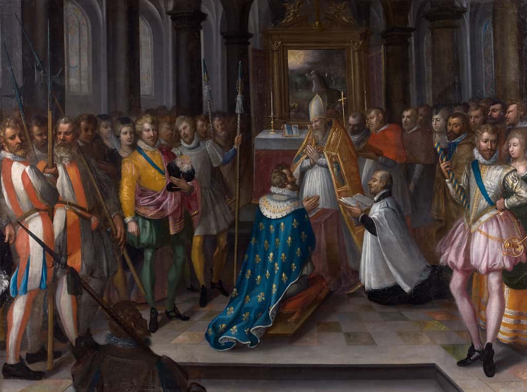 Cérémonie d'abjuration d'Henri IV, le 25 juillet 1593, en la Basilique Saint-Denis. Tableau de Nicolas Baullery, musée d'art et d'histoire de Meudon. © Domaine public.