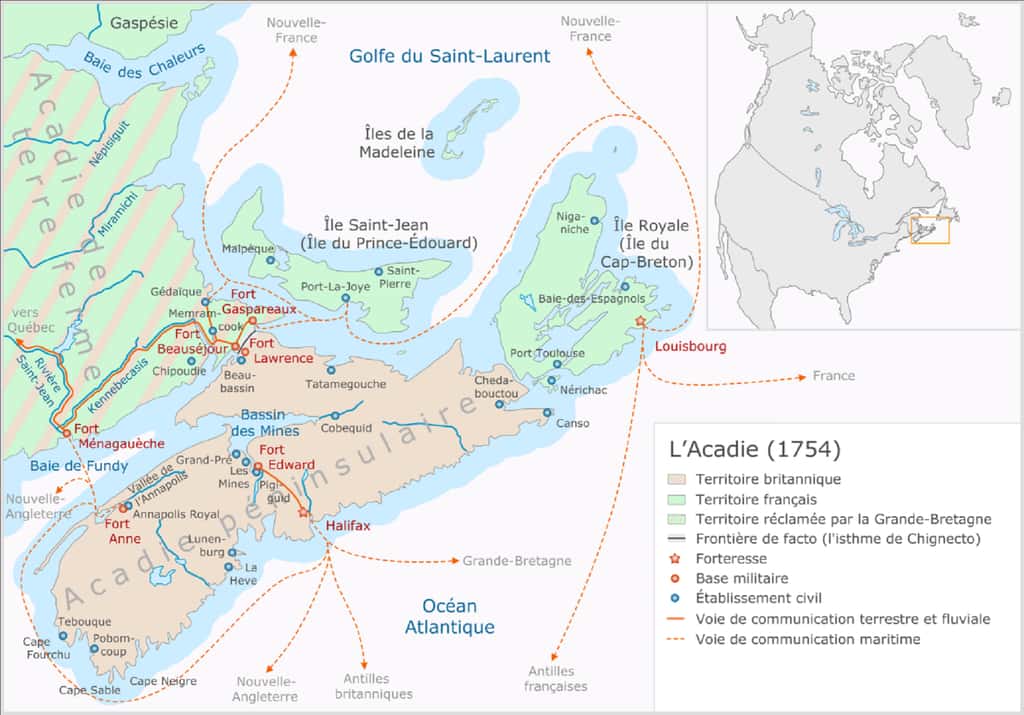 L'Acadie en 1754. © Wikimedia Commons, domaine public.