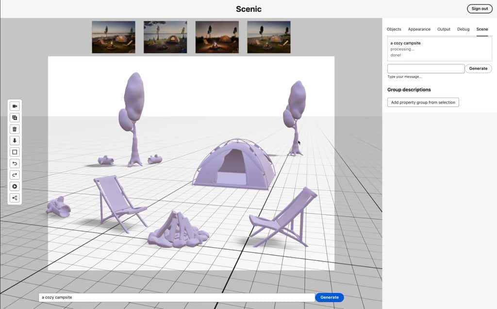 <em>Project Scenic</em> génère d’abord une scène en 3D pour guider la génération de l’image finale. © Adobe