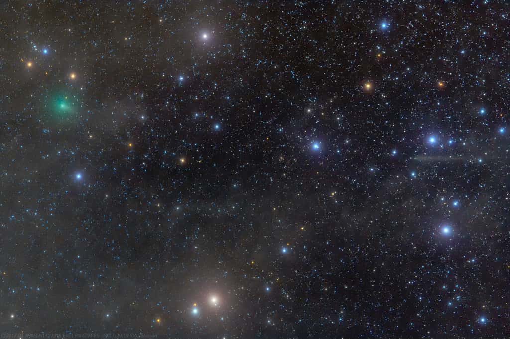 Deux comètes visibles dans le Taureau : à gauche, C/2017 O1 (ASASSN1), et à droite, beaucoup plus pâle, C/2015 ER61. Image prise le 19 septembre. © Adriano Valvasori