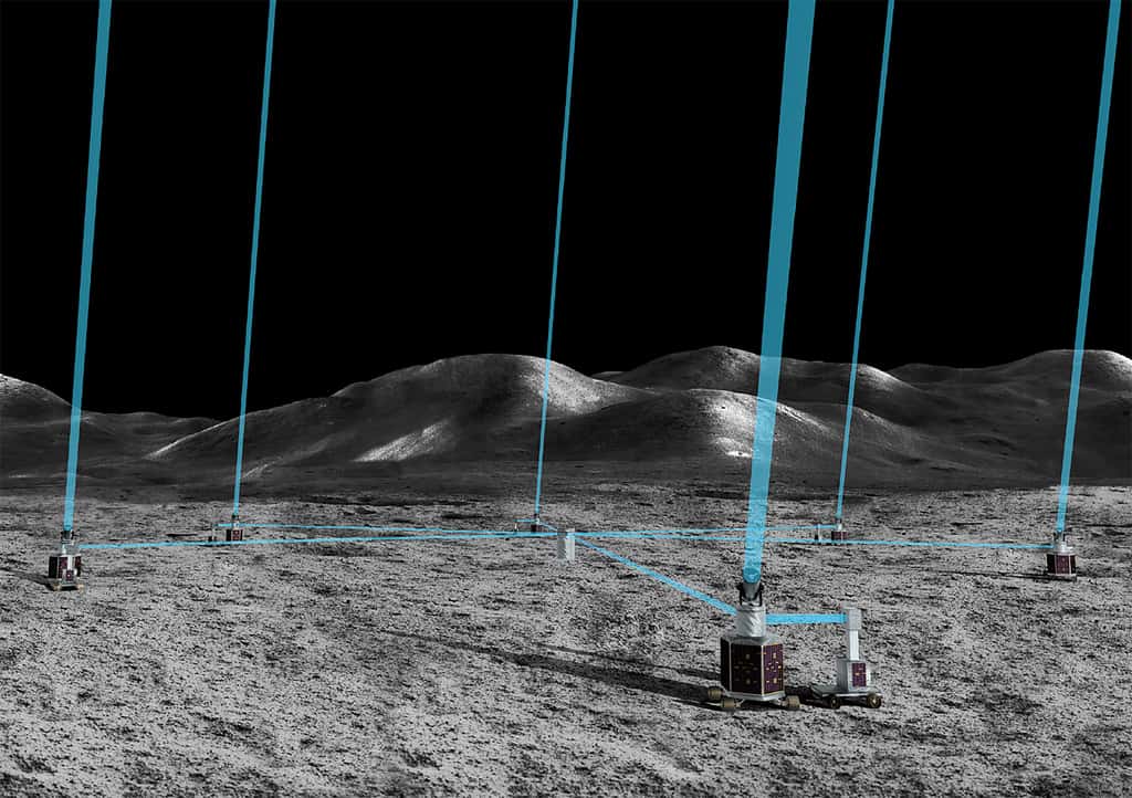 Illustration du <em>Lunar Long-Baseline Optical Interferometer : Artemis-enabled Stellar Imager</em> (AeSI) déployé sur la surface lunaire. © Kenneth Carpenter, <em>Nasa Goddard Space Flight Center</em>