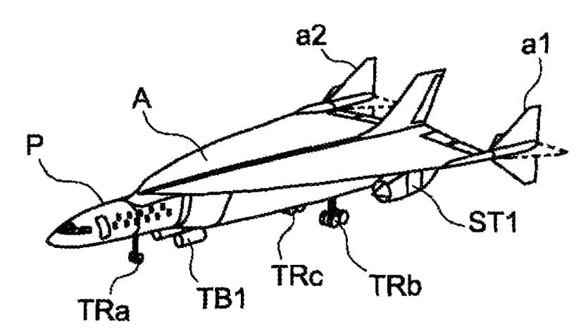 Le schéma de l'appareil décrit dans le dépôt de brevet. L'engin est vu ici au sol, avec son train d'atterrissage sorti (TRa, TRb et TRc). On remarque les petites ailes delta (A) et la courte cabine pour les passagers (P, les deux rangées de hublots n'indiquant pas un double pont). Les turbopropulseurs (des réacteurs classiques) sont visibles sous l'appareil (TB1) et sont rétractables. Sous l'aile gauche est visible un statoréacteur (ST1), utilisé pour la croisière. On remarque également deux sortes de dérives à l'extrémité des ailes (a1 et a2), qui peuvent pivoter de 90° selon la phase du vol. © Airbus