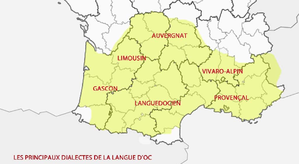 Aire géographique des principaux dialectes de la langue d'oc. Centre d'oralité de la langue d'oc, Aix-en-Provence. © COL'OC.
