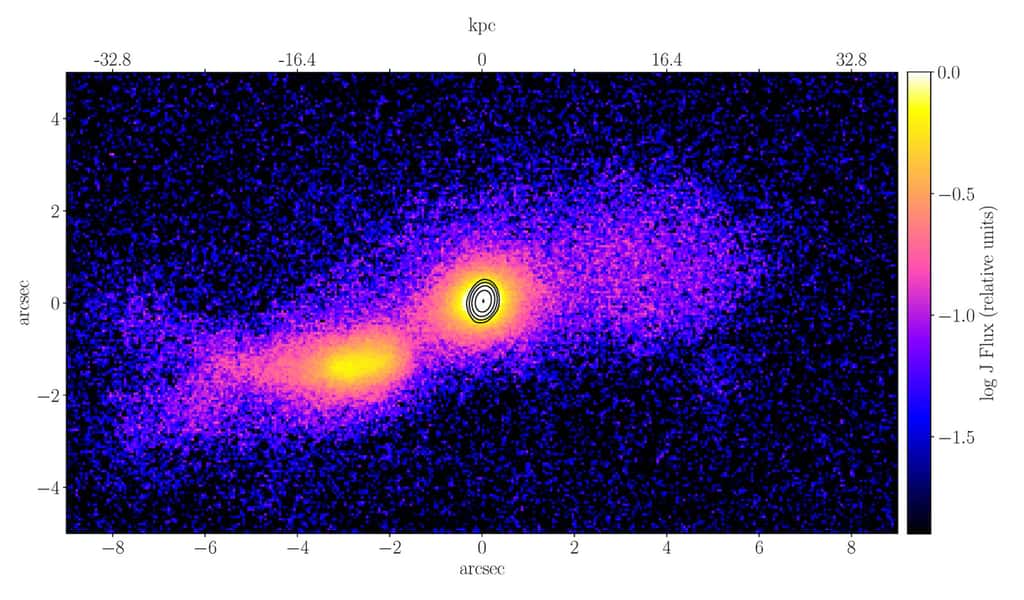 La galaxie Seyfert 1, TXS 2116-077, (vue de droite) entre en collision avec une autre galaxie en forme de spirale de masse similaire, créant un jet relativiste au centre du TXS. Les deux galaxies ont des noyaux galactiques actifs (AGN). © <em>Courtesy Vaidehi Paliya</em>