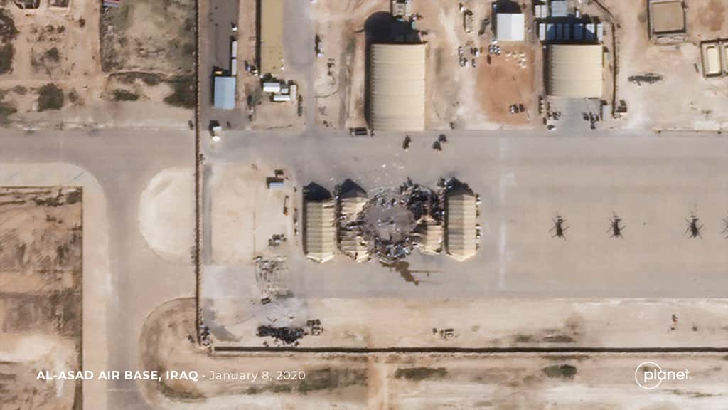 Les images satellites haute résolution de la constellation SkySat de Planet révèlent l'étendue des dégâts survenus à la suite d'une frappe de missile iranien début janvier sur la base base aérienne d'Al-Asad (Janvier 2020). © 2020 Planet Labs, Inc.