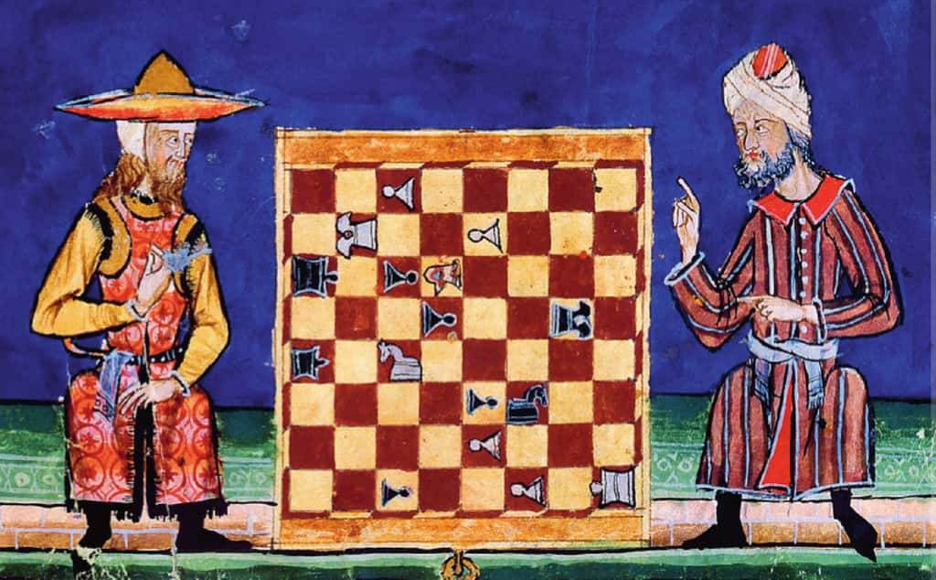 Un juif et un musulman jouant aux échecs, dans "<em>El Libro de los Juegos</em>" (le livre des jeux), ouvrage offert à Alphonse X de Castille en 1282. Bibliothèque de l'Escurial. © Wikimedia Commons, domaine public.